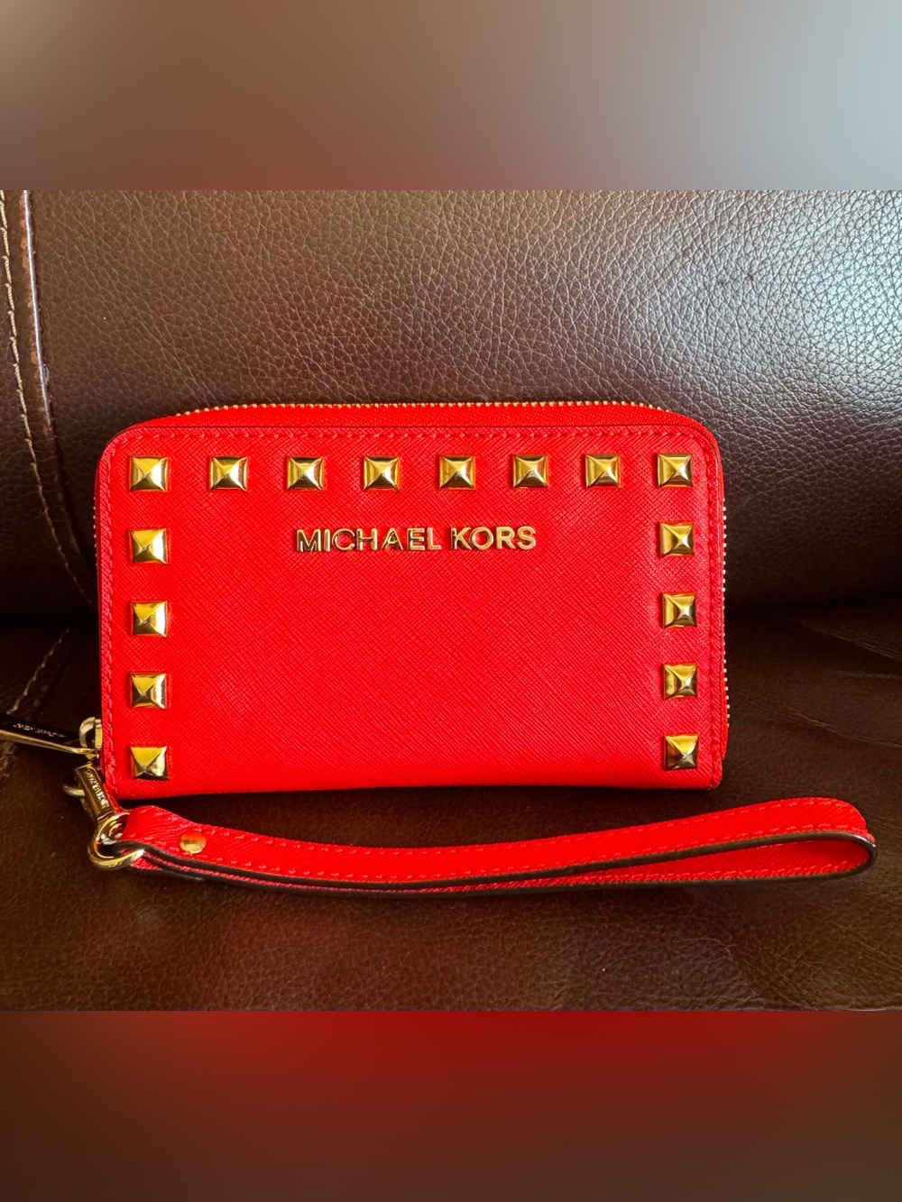 Michael Kors Red Gold-Stud Zip Wristlet Wallet